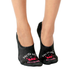Pair of black no-show socks with a pink 'Pretty good at bad decisions' slogan and small devil horns graphic. [lf]