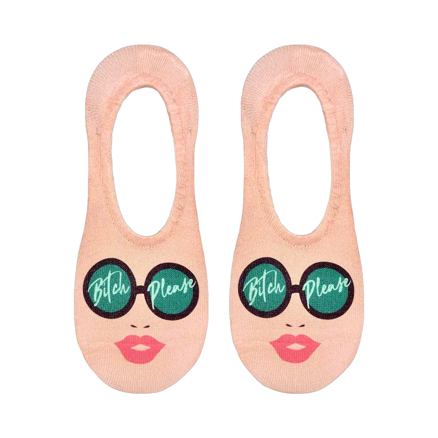 Flat lay product shot of a pair of 'Sassy Sunglasses' no-show socks, showing the full design on each sock.