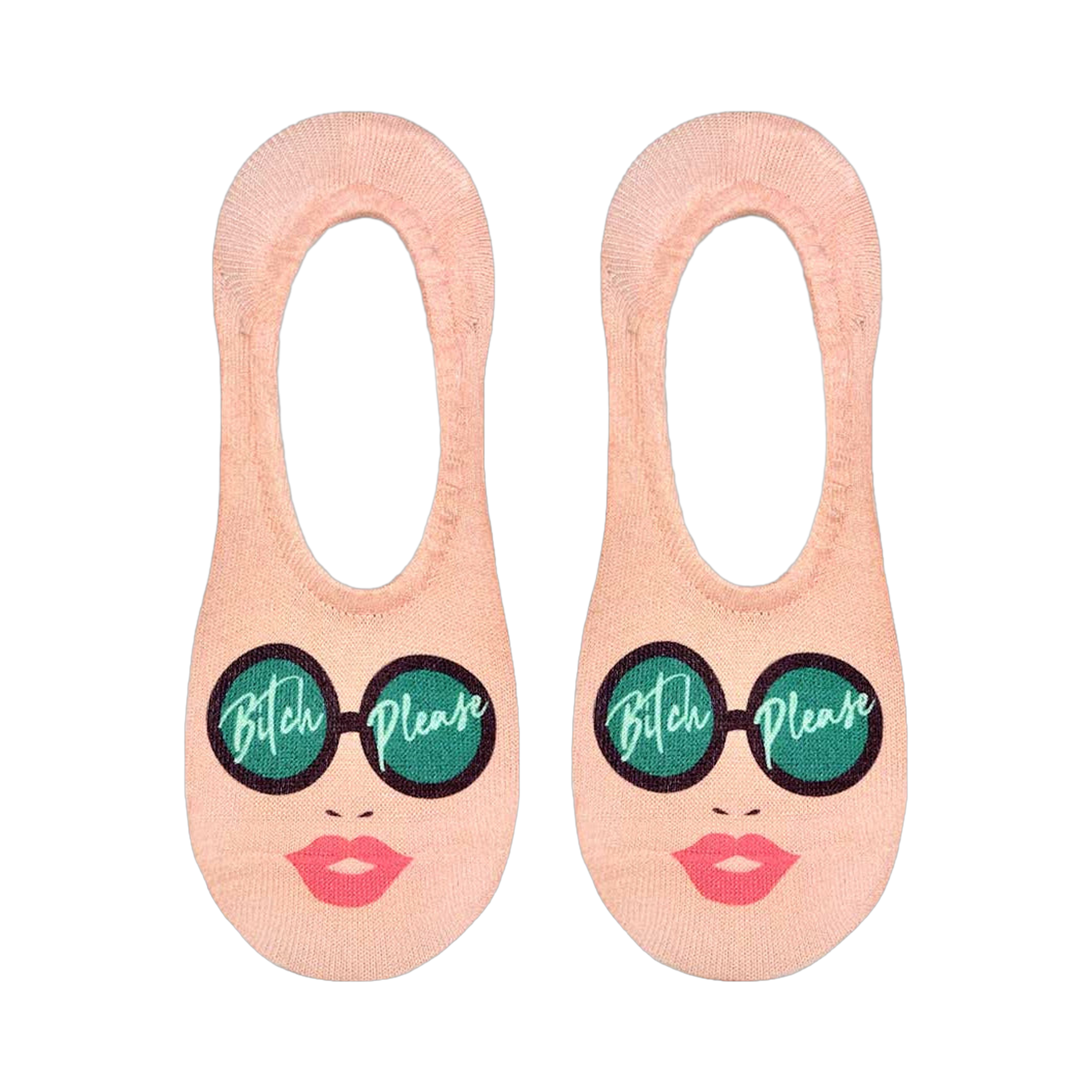 Flat lay product shot of a pair of 'Sassy Sunglasses' no-show socks, showing the full design on each sock.