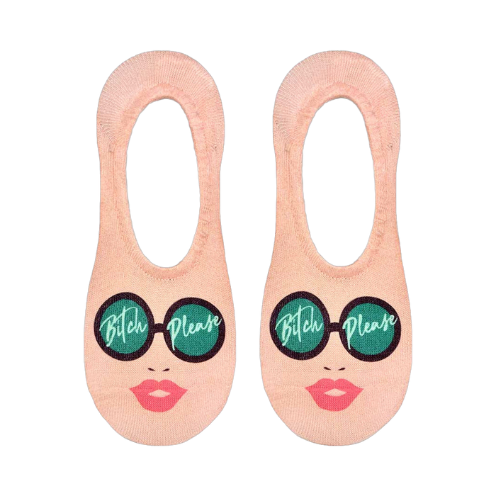 Flat lay product shot of a pair of 'Sassy Sunglasses' no-show socks, showing the full design on each sock.
