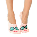 Pair of women's peach-colored no-show socks featuring a graphic of sunglasses, a face, and the text 'Bitch Please'. [lf]