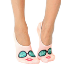 Pair of women's peach-colored no-show socks featuring a graphic of sunglasses, a face, and the text 'Bitch Please'. [lf]