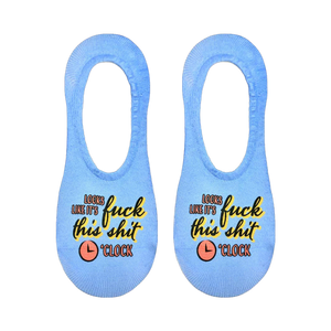 Flat lay product shot of a pair of light blue 'F This O'Clock' no-show socks.