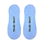 Close-up of the sole of a light blue 'F This O'Clock' sock, showing the 'Living Royal' branding.