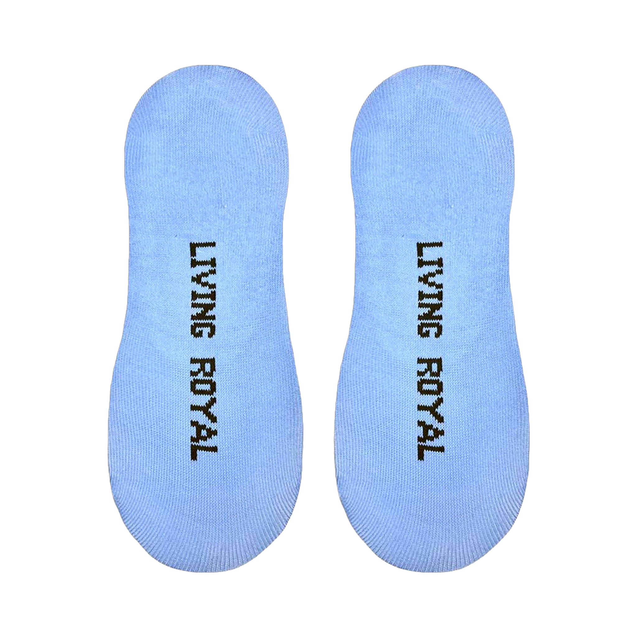 Close-up of the sole of a light blue 'F This O'Clock' sock, showing the 'Living Royal' branding.
