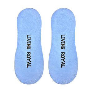 A pair of blue no-show socks with the words 