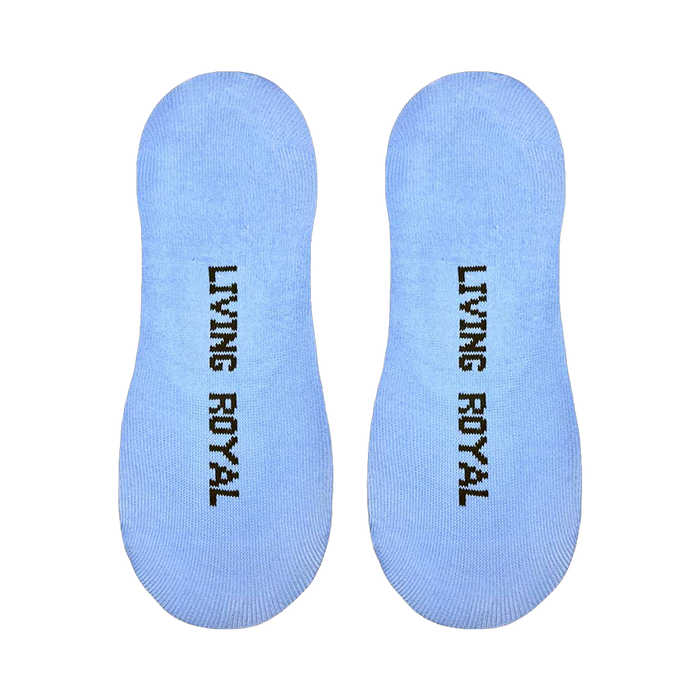 Close-up of the sole of a light blue 'F This O'Clock' sock, showing the 'Living Royal' branding.