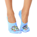 Pair of light blue no-show socks with the phrase 'Looks like it's F this shit o'clock' in a playful font. [lf]