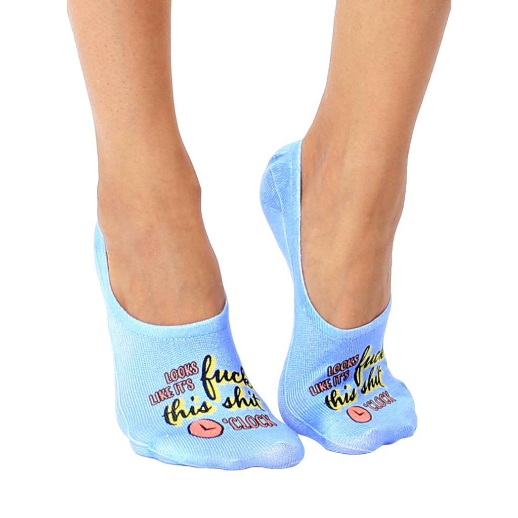 Pair of light blue no-show socks with the phrase 'Looks like it's F this shit o'clock' in a playful font. [lf]