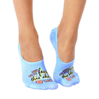 Pair of light blue no-show socks with the phrase 'Looks like it's F this shit o'clock' in a playful font. [lf]