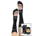 Lifestyle shot of a person wearing the Ruth Bader Ginsburg socks with the socks' packaging shown alongside. [lf]