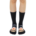 Black crew socks with a colorful 3D portrait of Ruth Bader Ginsburg and 'RBG' text on the cuff. [lf]