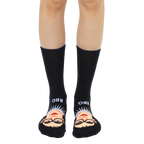 Black crew socks with a colorful 3D portrait of Ruth Bader Ginsburg and 'RBG' text on the cuff. [lf]