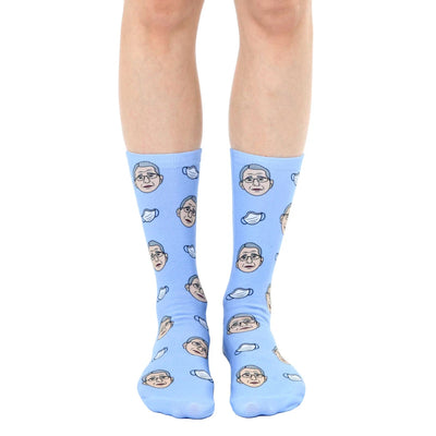 dr. fauci cartoon character pattern light blue crew socks for men and women, celebrating the quarantine era.   