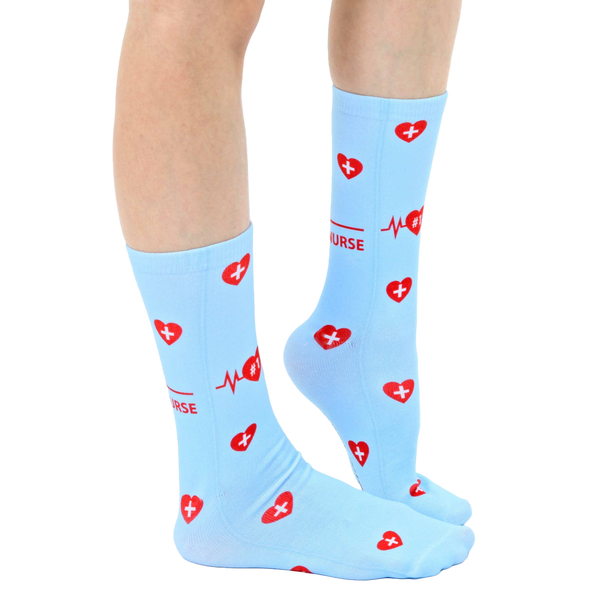 Lifestyle shot of a person's legs wearing the '#1 Nurse' socks. Shows how the socks look when worn. [lf]