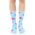 Pair of light blue crew socks with a red heart, EKG line, and '#1 Nurse' design. Perfect for nurses! [lf]