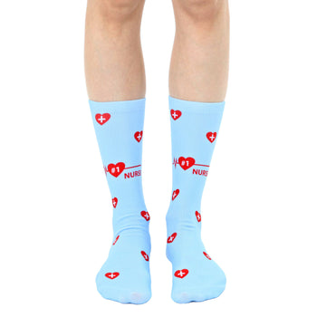 blue #1 nurse crew socks for men and women feature red hearts, caduceus symbols, and red #1 nurse text