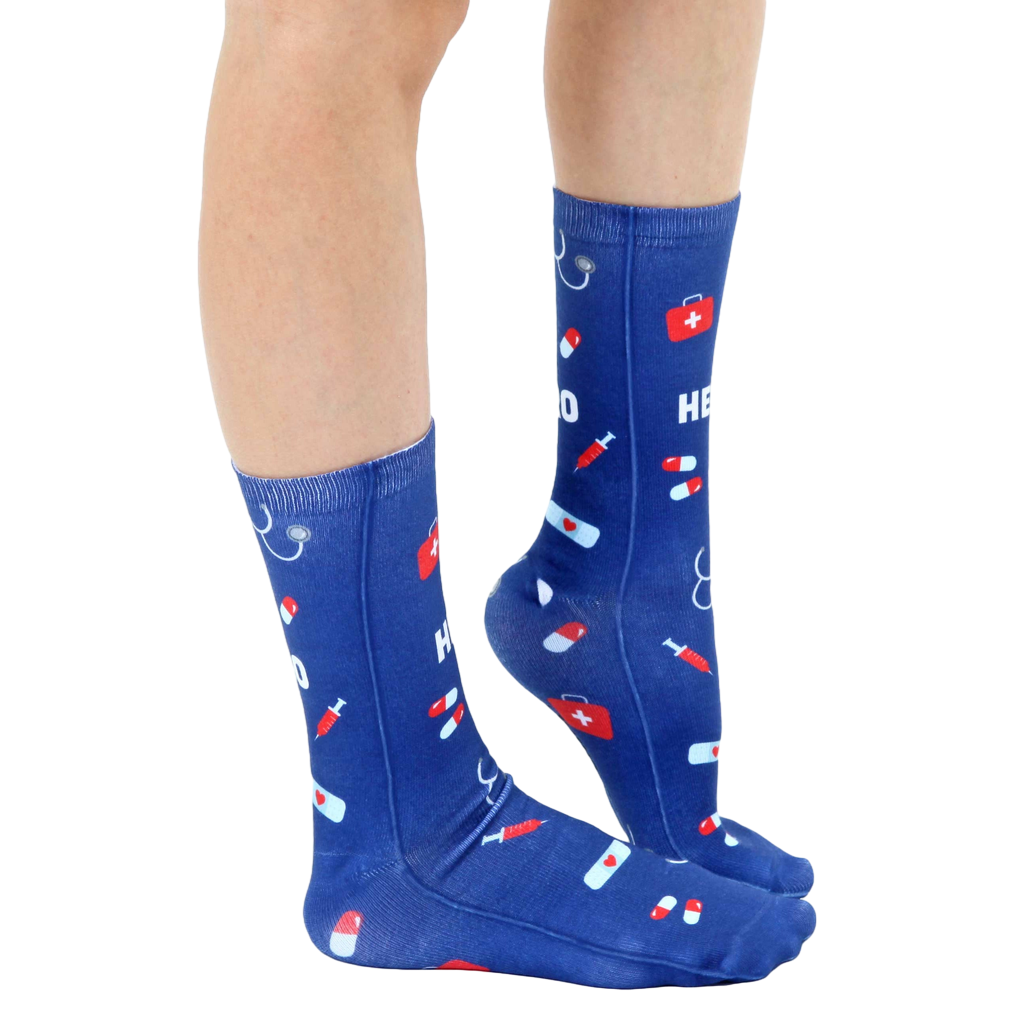 Lifestyle shot: Model wearing the Nurse Hero socks, showcasing the design and fit. [lf]