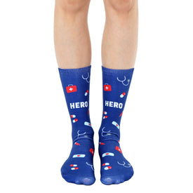 blue crew socks featuring red, white pills, heart, stethoscope, and plus signs, along with the word 'hero' for men and women   