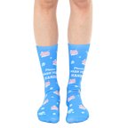 Pair of light blue crew socks featuring a playful design of pink soap bars and bubbles, with the text 'Please Wash Your Hands' repeated. [lf]