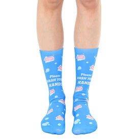 light blue crew socks with pink soap bubbles and "please wash you hands" text.  