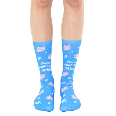 light blue crew socks with pink soap bubbles and "please wash you hands" text.  