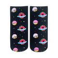 Crew socks with a black background, featuring pink, white, and red donuts orbiting in space. The donuts have sprinkles and icing.