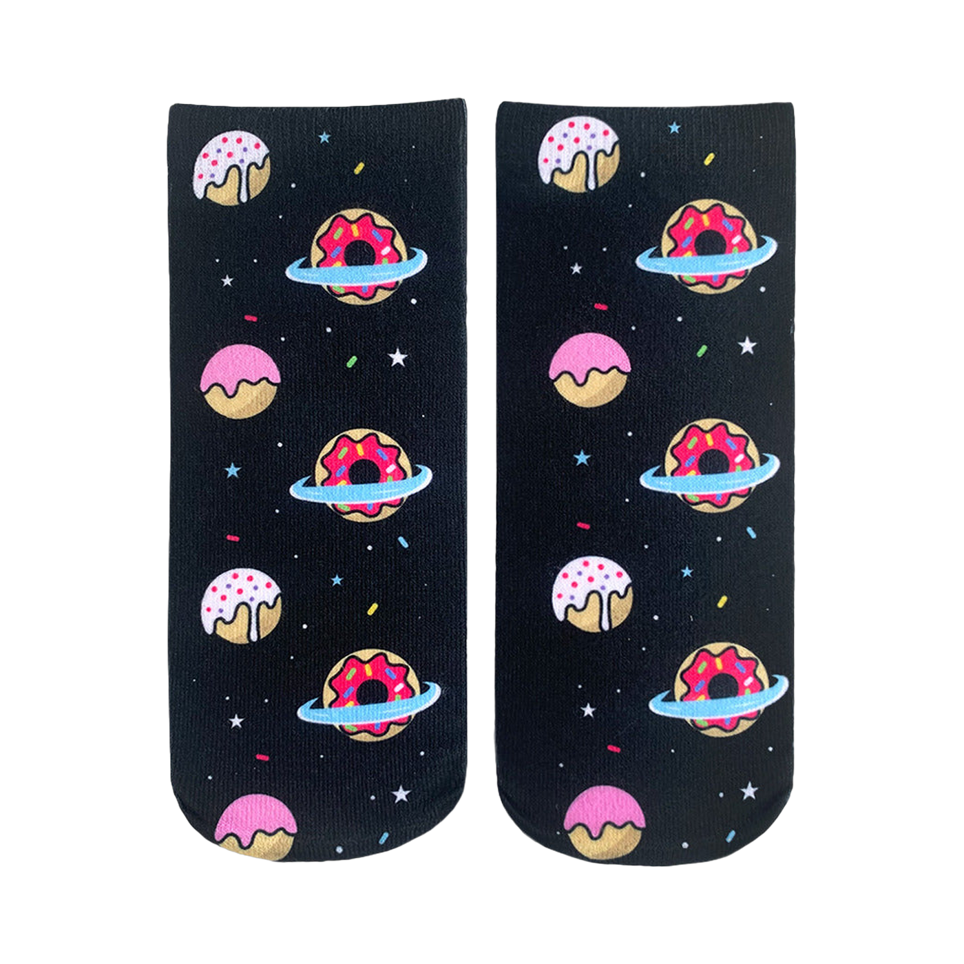 Crew socks with a black background, featuring pink, white, and red donuts orbiting in space. The donuts have sprinkles and icing.