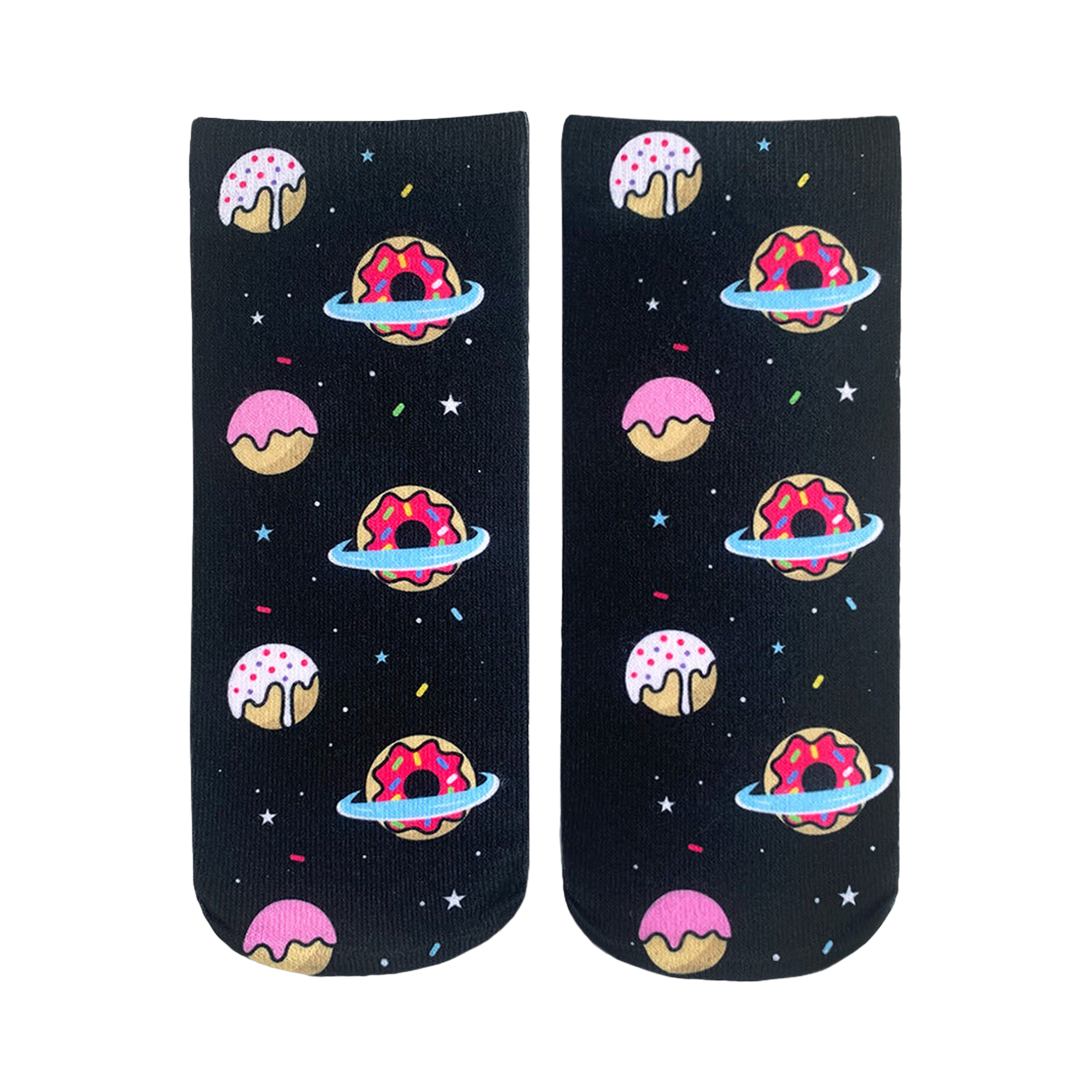 Crew socks with a black background, featuring pink, white, and red donuts orbiting in space. The donuts have sprinkles and icing.