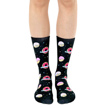 galaxy donut donut themed mens & womens unisex black novelty crew socks