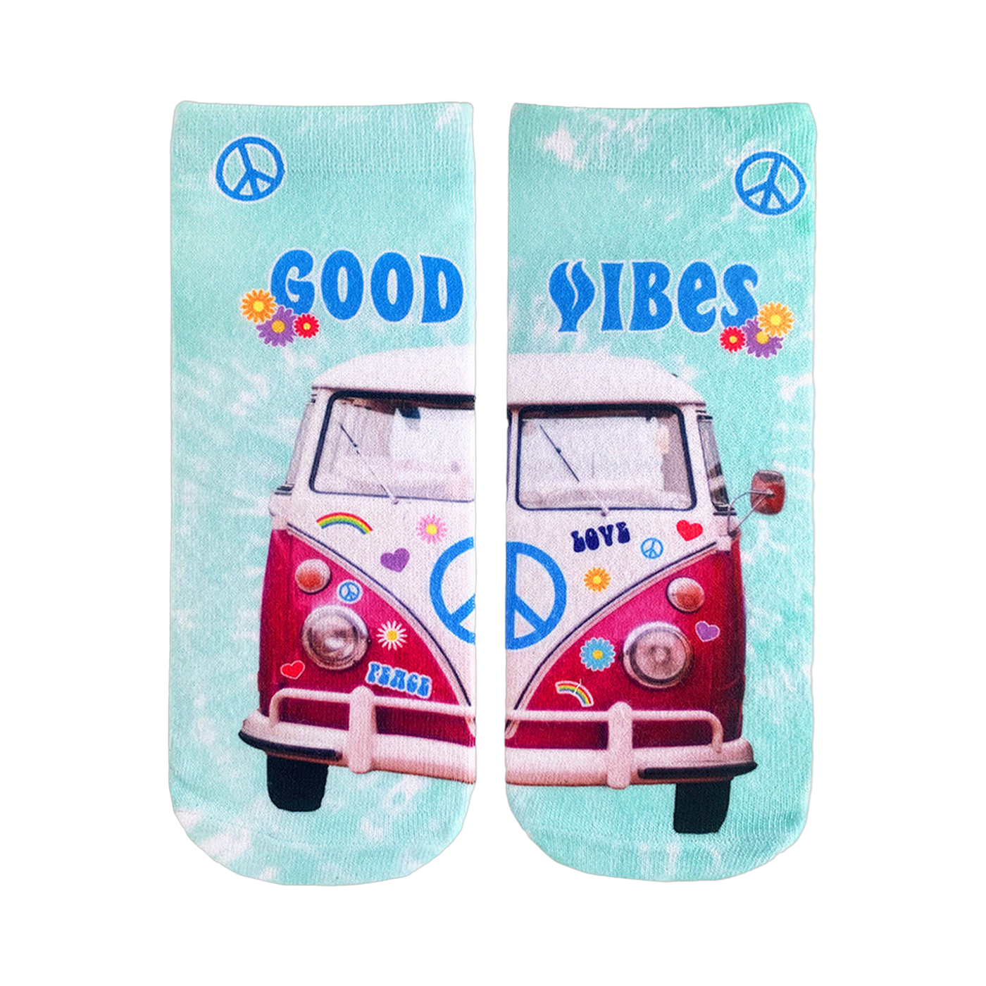 A pair of teal tie-dye crew socks.  They feature a pink VW bus with peace signs and flower stickers. The words 'Good Vibes' are displayed.