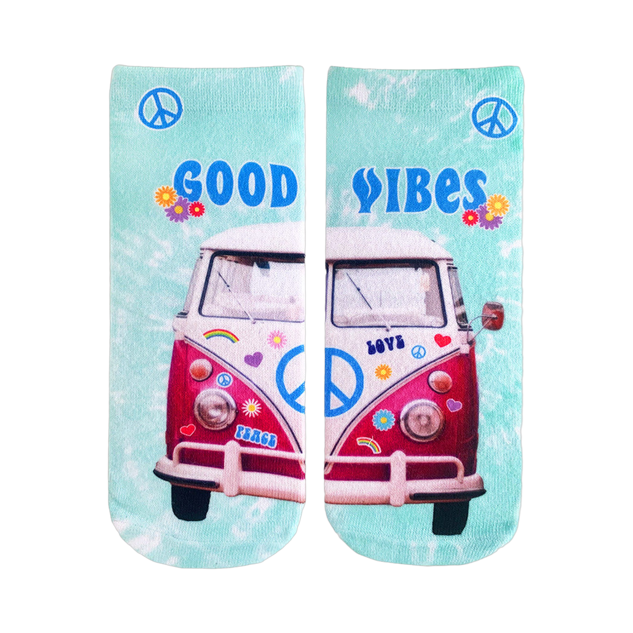 A pair of teal tie-dye crew socks.  They feature a pink VW bus with peace signs and flower stickers. The words 'Good Vibes' are displayed.