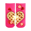 Pair of pink ankle socks featuring a heart-shaped waffle with butter and strawberries.  Sweet treat for your feet!