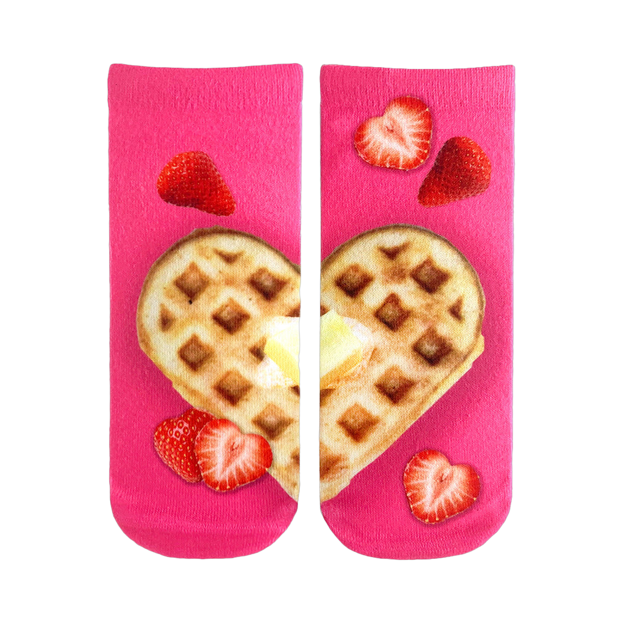Pair of pink ankle socks featuring a heart-shaped waffle with butter and strawberries.  Sweet treat for your feet!