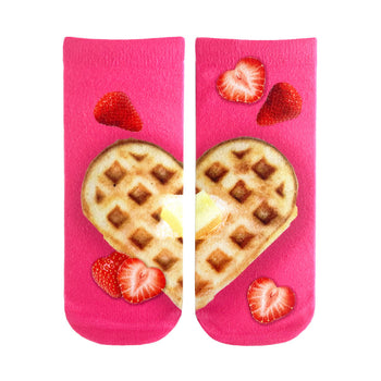 Pair of pink ankle socks featuring a heart-shaped waffle with butter and strawberries.  Sweet treat for your feet!