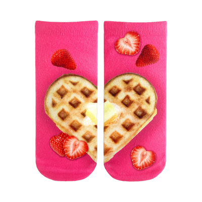 Pair of pink ankle socks featuring a heart-shaped waffle with butter and strawberries.  Sweet treat for your feet!