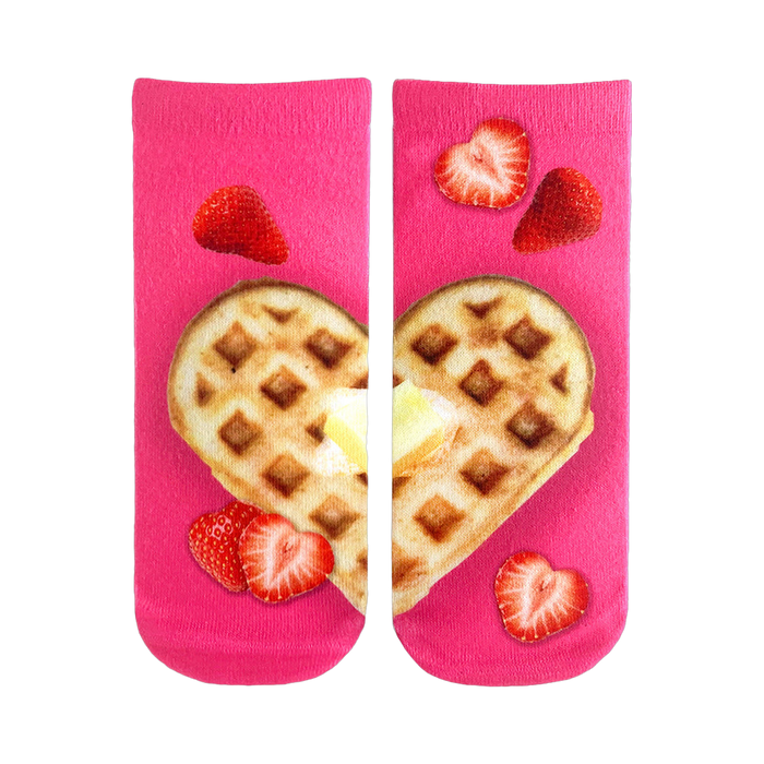 Pair of pink ankle socks featuring a heart-shaped waffle with butter and strawberries.  Sweet treat for your feet! }}