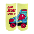 Pair of pastel yellow ankle socks. One sock shows text 'Just Roll With It', the other features a retro-style roller skate graphic with red, blue, and teal accents. [lf]