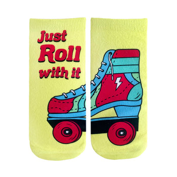 bright yellow ankle socks featuring a fun retro 80s roller skate design in blue, red, and yellow with the phrase "just roll with it."  
