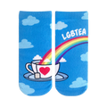 Crew socks featuring a rainbow pouring into a teacup with a heart, clouds, and 'LGBTEA' text on a light blue background.