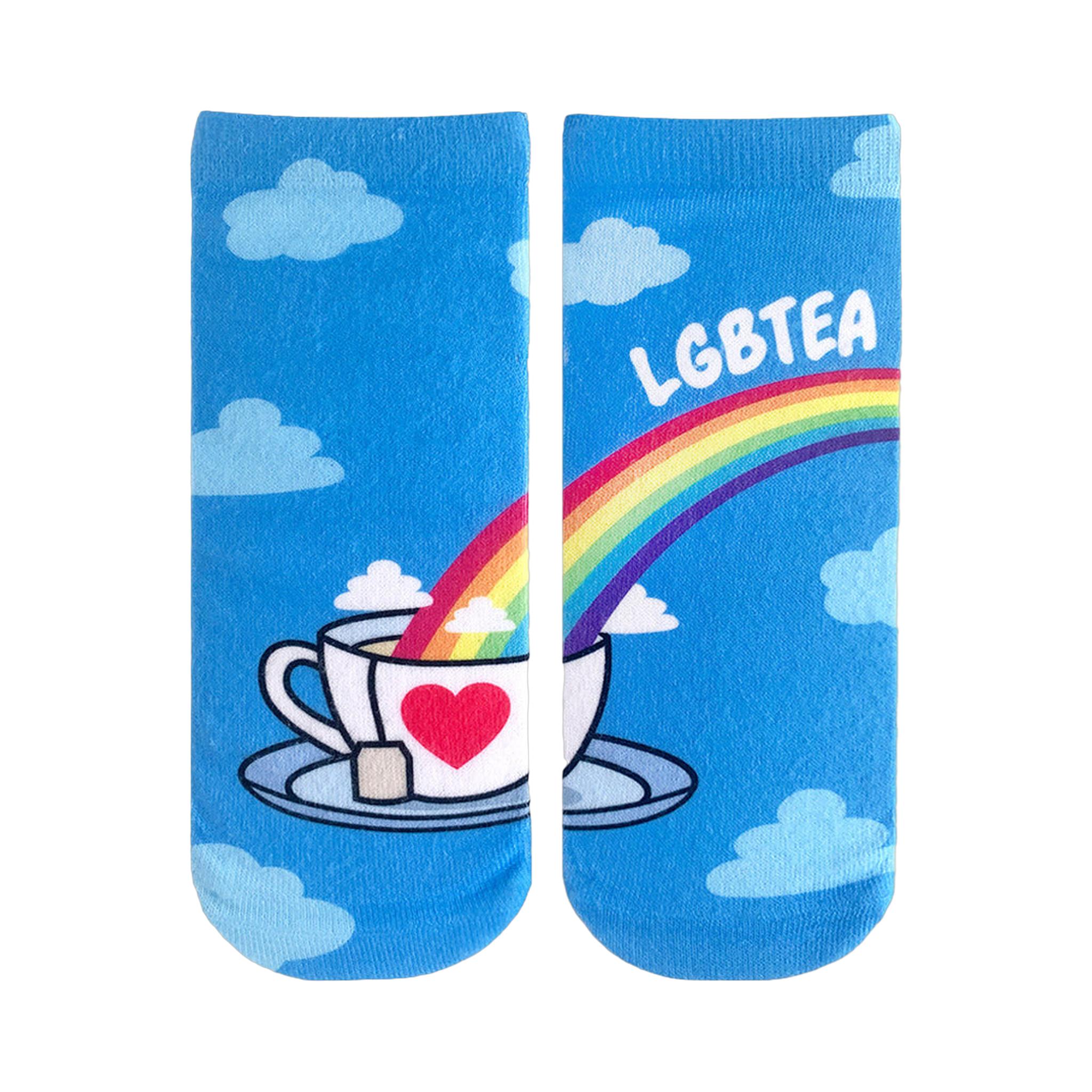 Crew socks featuring a rainbow pouring into a teacup with a heart, clouds, and 'LGBTEA' text on a light blue background.