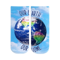 Ankle socks showing a colorful image of planet Earth on a light blue background with the words 'Our Earth' and 'Our Home'.