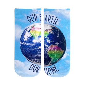 blue ankle socks featuring a globe design, "our earth. our home." text.  