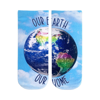 Ankle socks showing a colorful image of planet Earth on a light blue background with the words 'Our Earth' and 'Our Home'.