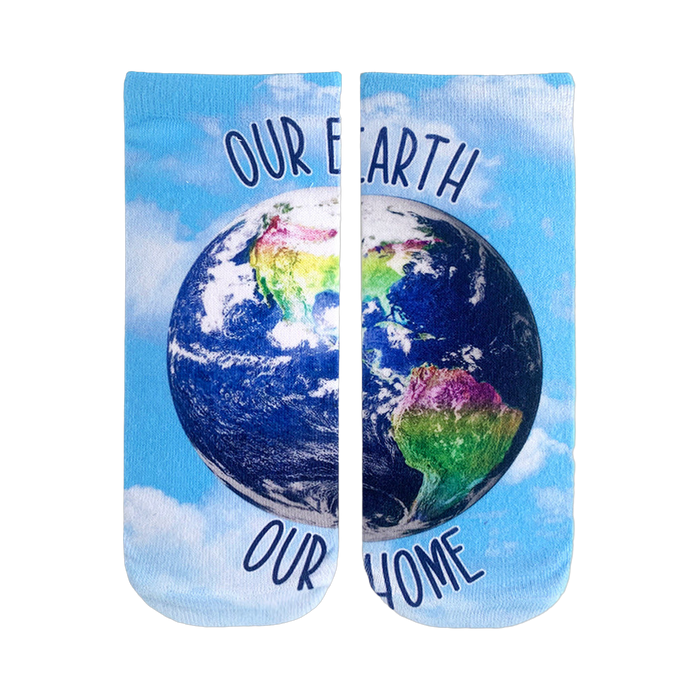 Ankle socks showing a colorful image of planet Earth on a light blue background with the words 'Our Earth' and 'Our Home'. }}