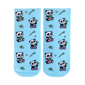 Pair of light blue crew socks featuring a repeating pattern of pandas eating bamboo. Small flowers and bamboo stalks are also part of the design. [lf]