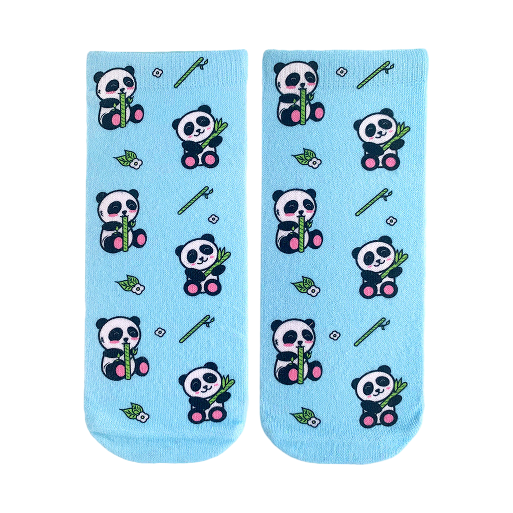 Pair of light blue crew socks featuring a repeating pattern of pandas eating bamboo. Small flowers and bamboo stalks are also part of the design. [lf]