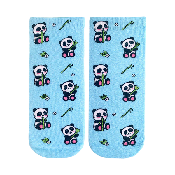 Pair of light blue crew socks featuring a repeating pattern of pandas eating bamboo. Small flowers and bamboo stalks are also part of the design. [lf]