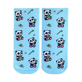light blue women's ankle socks with an all-over pattern of cartoon pandas holding bamboo stalks.   