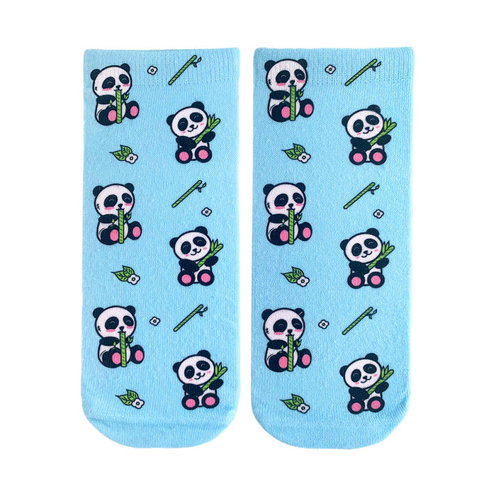 light blue women's ankle socks with an all-over pattern of cartoon pandas holding bamboo stalks.    }}